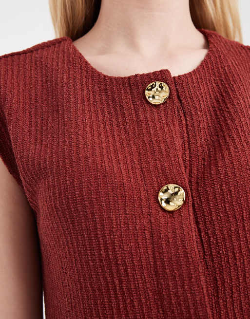 ONLY - Débardeur d'ensemble en maille nervurée avec boutons dorés - Rouille, 2 de 4