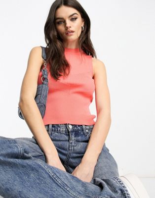 Only knitted high neck vest top in coral - ASOS Price Checker