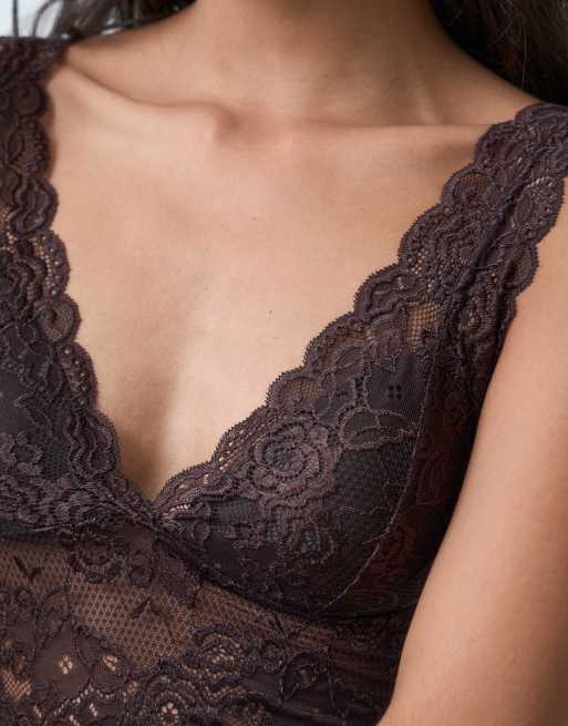 ONLY deep v lace bralette in chocolate, 2 of 4