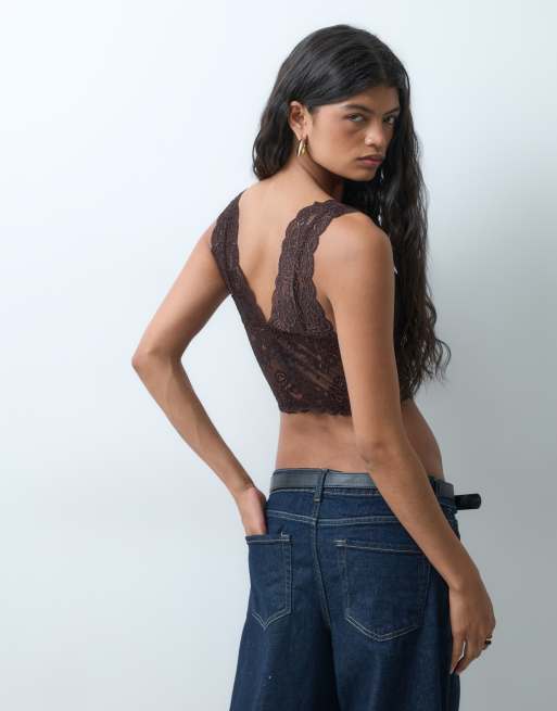 ONLY deep v lace bralette in chocolate, 4 of 4