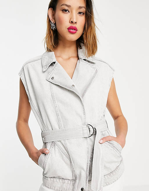 Suits & Separates Only denim belted waistcoat in light grey 