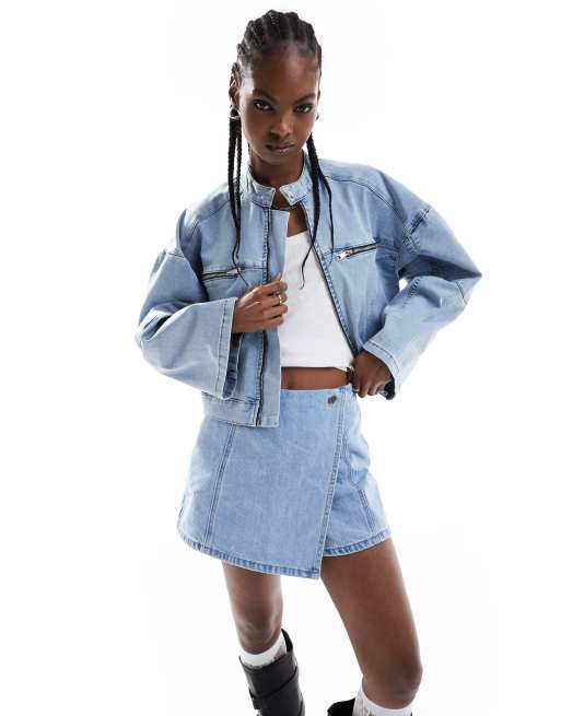 ONLY denim biker jacket in light blue | ASOS