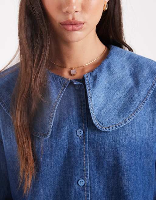 ONLY - Denim blouse met oversized kraag in middenblauw, 3 van 4