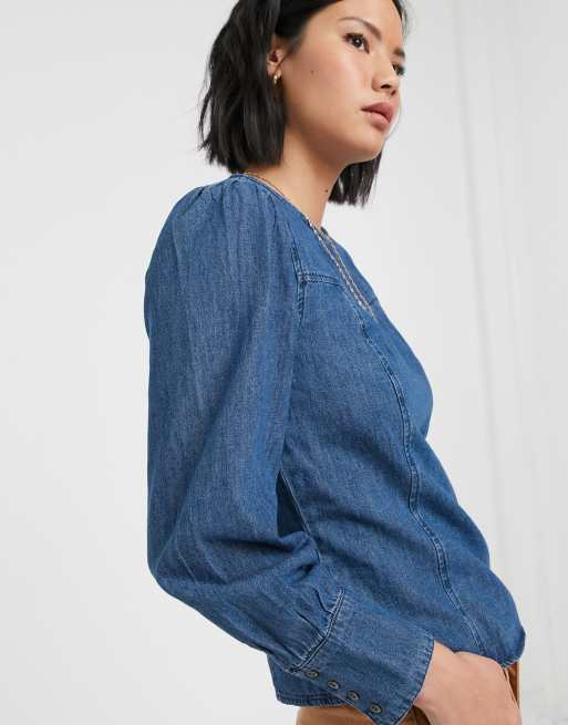 Only denim blouse with puff shoulder in blue