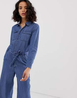 blue jean wide leg jumpsuit