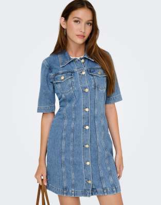 ONLY Alma Long Sleeve Denim Dress in Blue