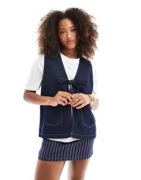 ONLY - Denim hemdtop met gestrikte voorkant in indigo - view 1