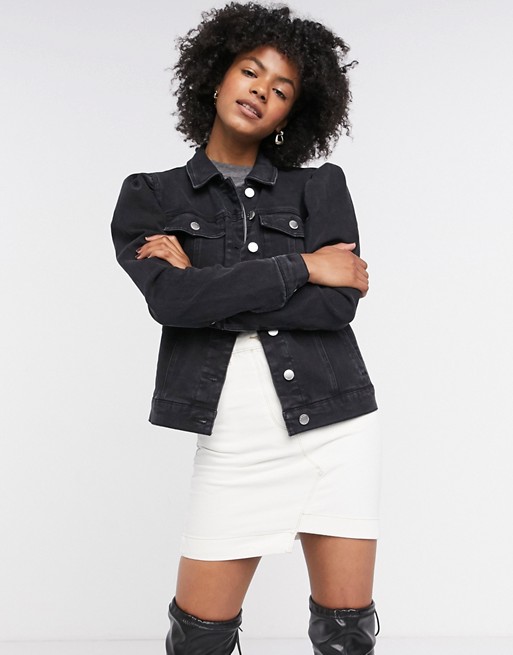 Only denim jacket with puff sleeves in black