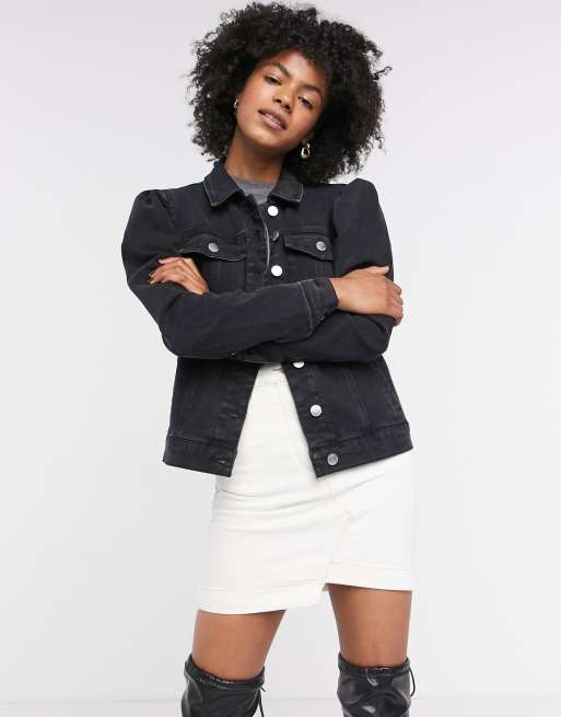 Black puff outlet sleeve denim jacket