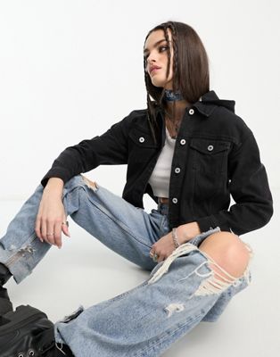 Only denim jacket with removable hood in black