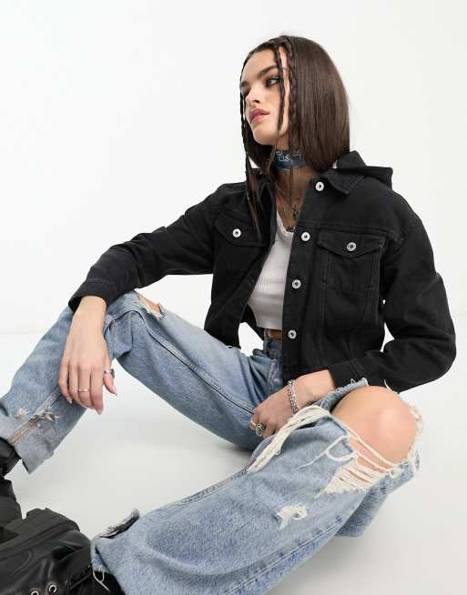 Black denim jeans with blue best sale denim jacket