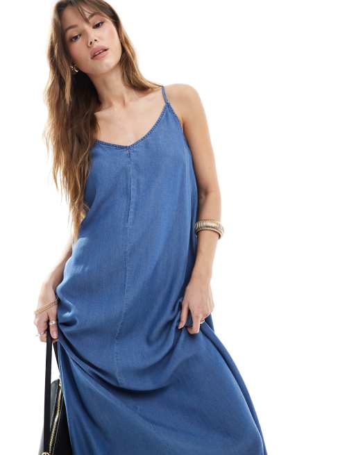 ONLY denim maxi dress in mid blue, 3 of 4