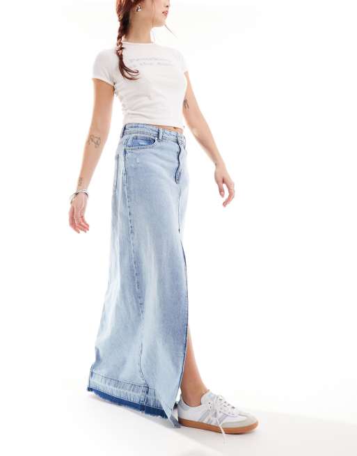 ONLY Denim maxi rok met gerafelde zoom in blauw ASOS