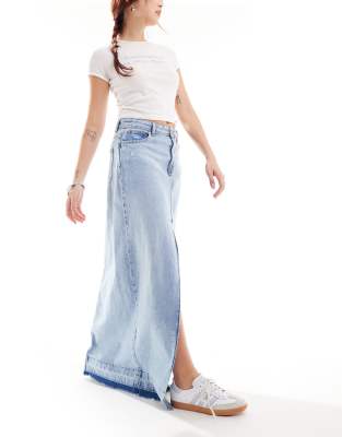 Only Denim Maxi Skirt With Frayed Hem In Blue