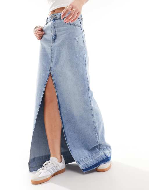 ONLY denim maxi skirt with frayed hem in blue | ASOS