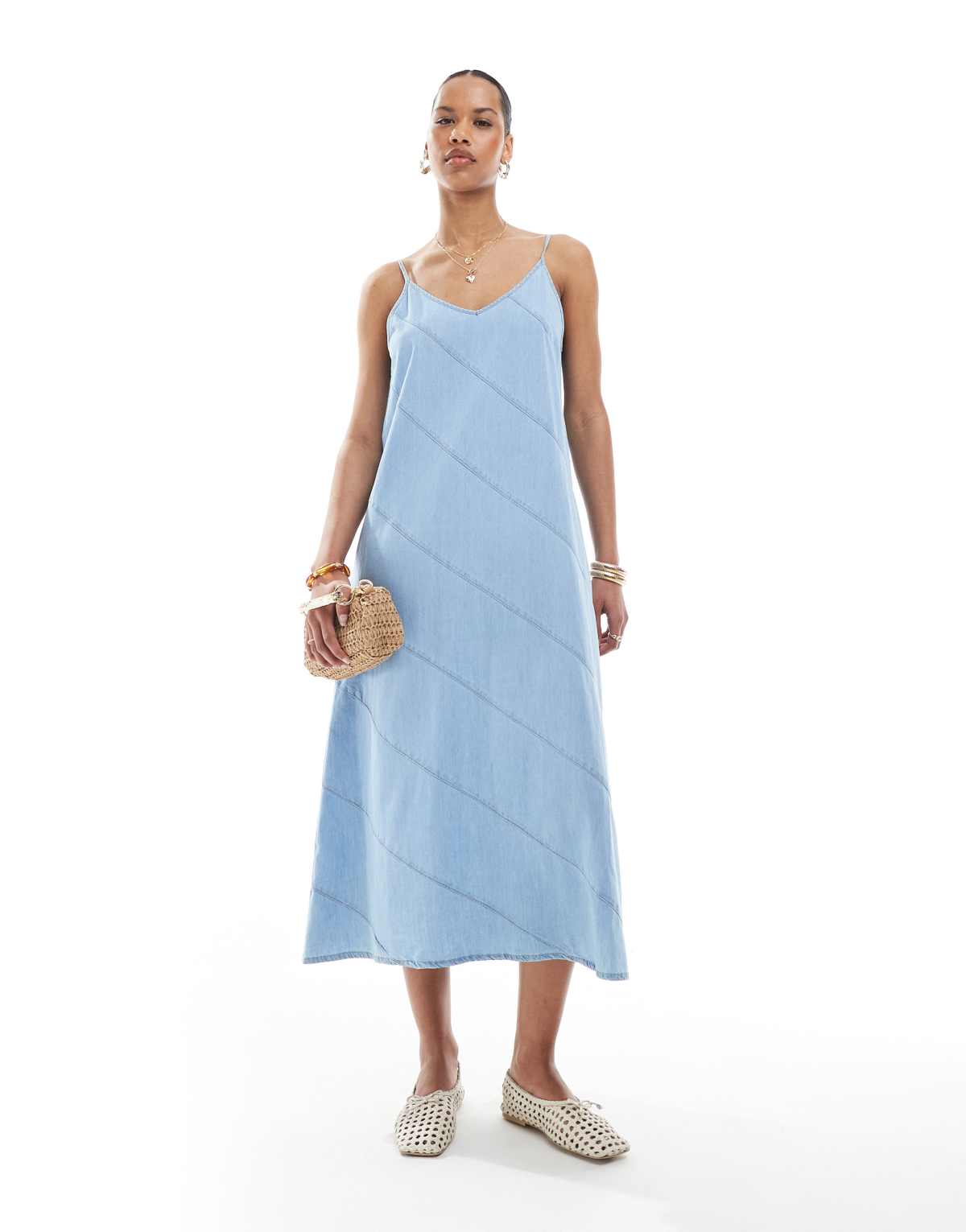 ONLY denim midaxi dress with cut & sew detail in light blue