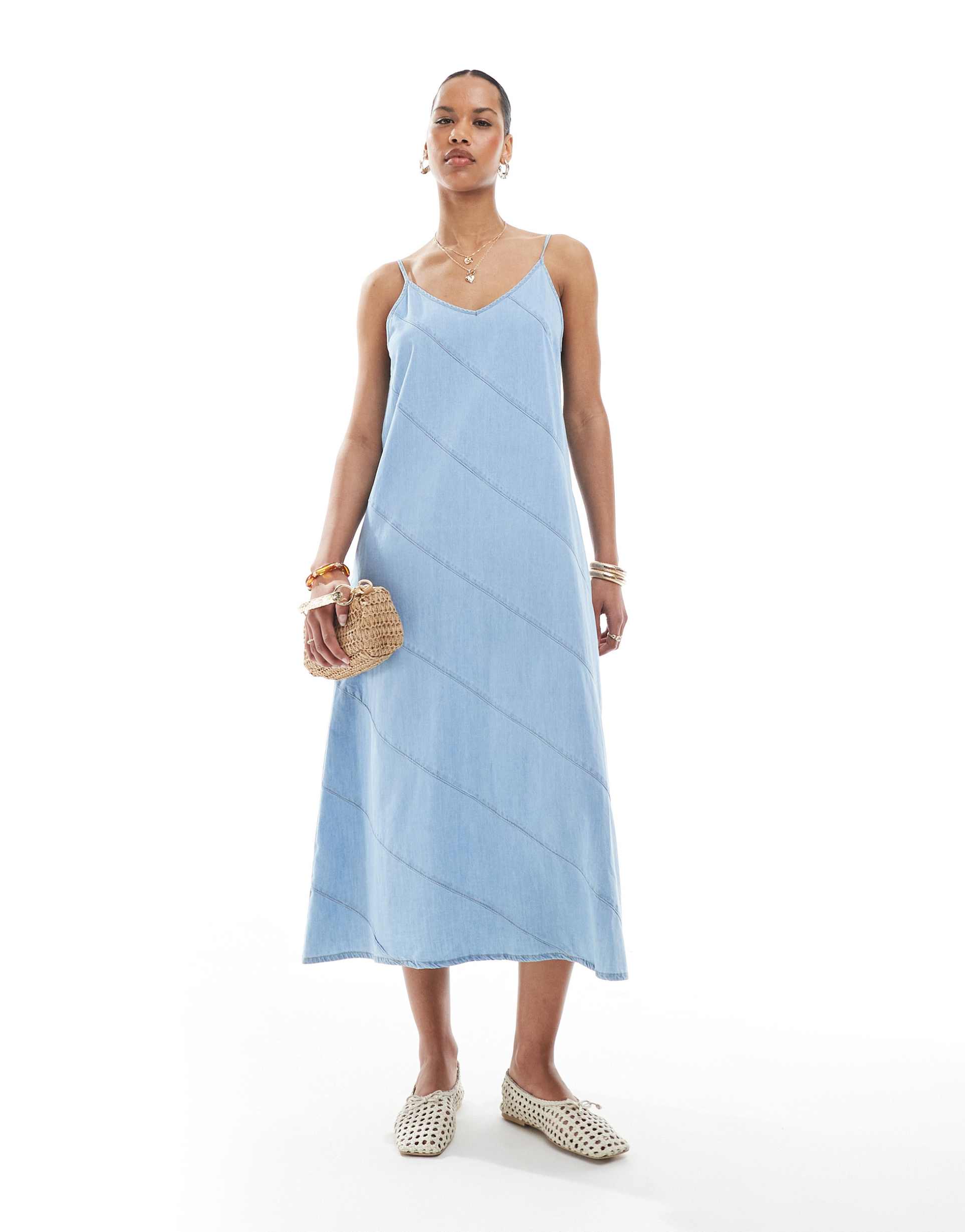 only denim midaxi dress with cut & sew detail in light blue