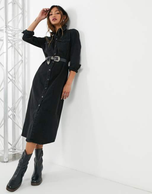 Only denim midi shirt dress in black