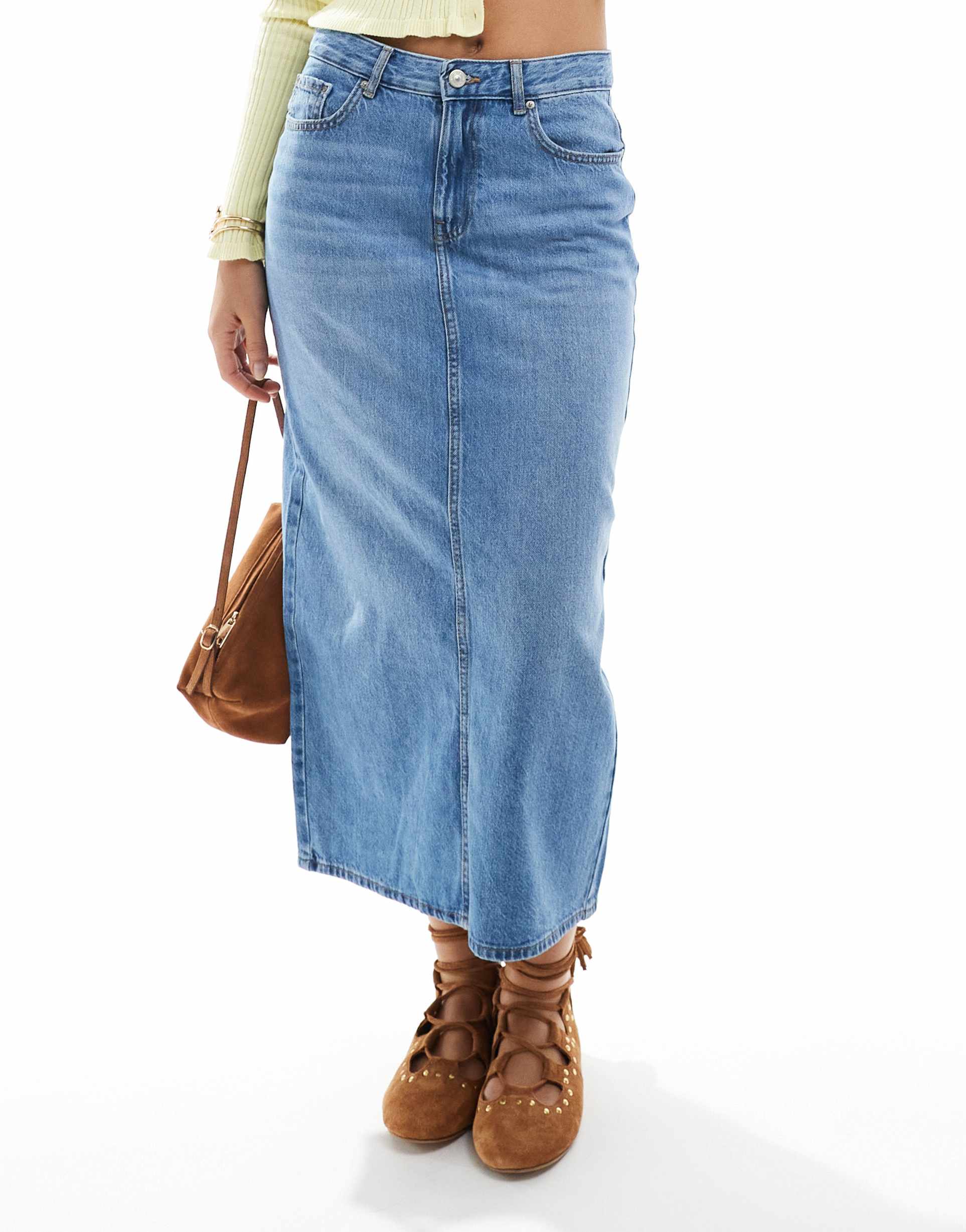 only denim midi skirt with back slit in mid blue