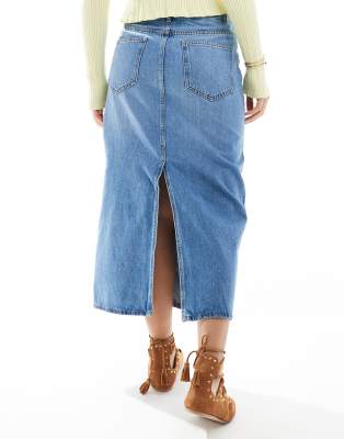 Only Denim Midi Skirt With Back Slit In Blue