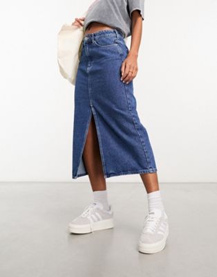Only Denim Midi Skirt With Front Slit In Mid Blue