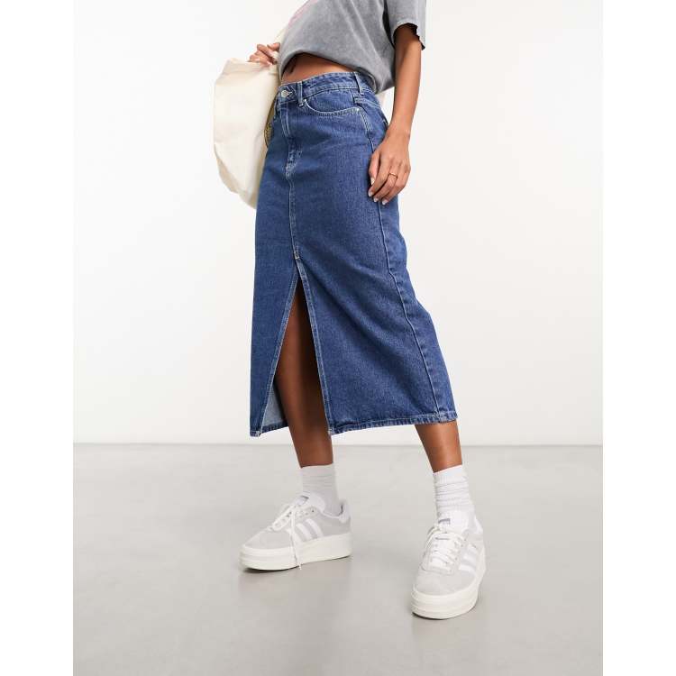 Only denim midi skirt with front slit in mid blue | ASOS