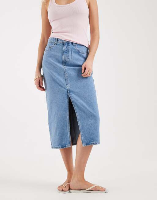 ONLY denim midi skirt with front split in light blue , 2 of 5