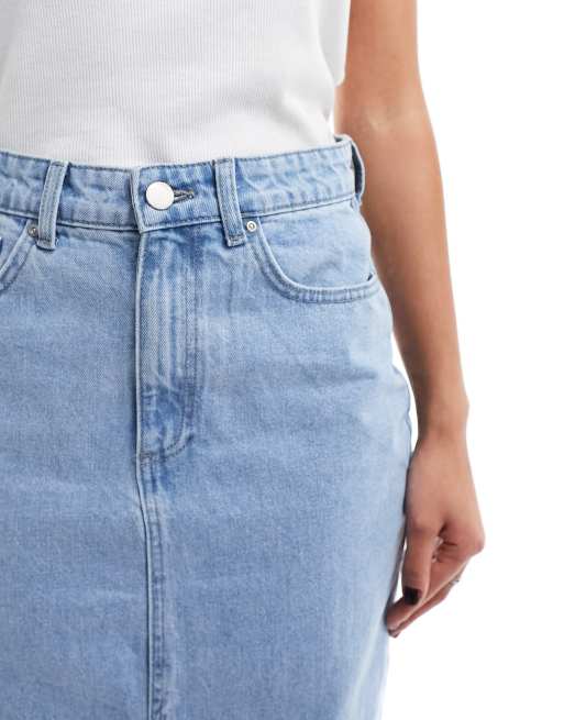 ONLY denim midi skirt with front split in light blue 