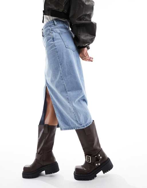 ONLY denim midi skirt with front split in light blue 