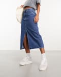 [ONLY] Only denim midi skirt with front split in mid blue 10 Mid blue