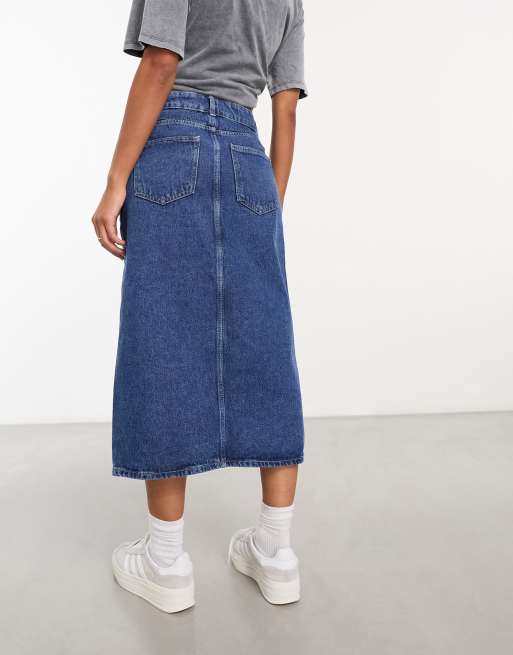 ONLY denim midi skirt with front split in mid blue
