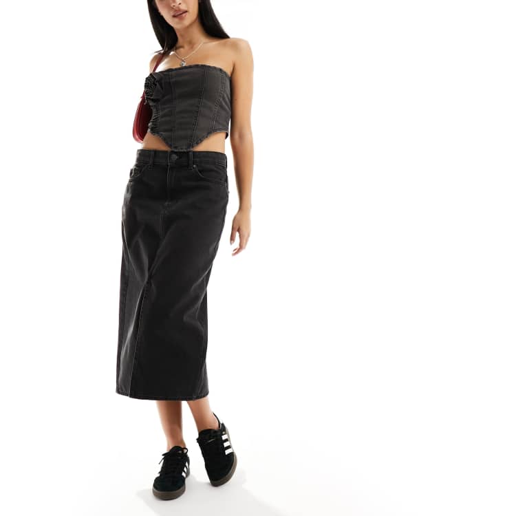 ONLY denim midi skirt with front split in washed black | ASOS