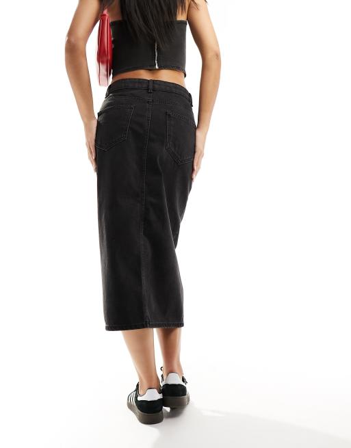 ONLY denim midi skirt with front split in washed black | ASOS