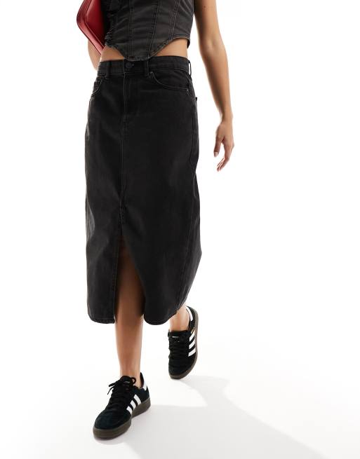 ONLY denim midi skirt with front split in washed black | ASOS