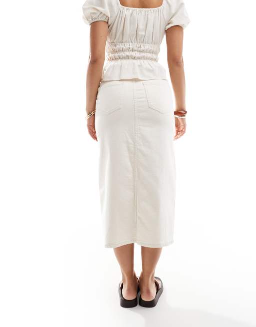 Only - Denim midirok met split voor in ecru, 3 van 5