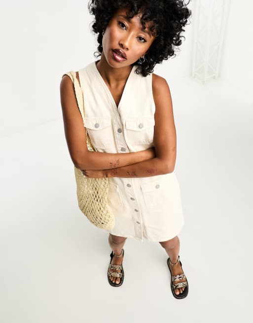 Only - Denim mini jurk met V-hals en knoopsluiting in ecru 