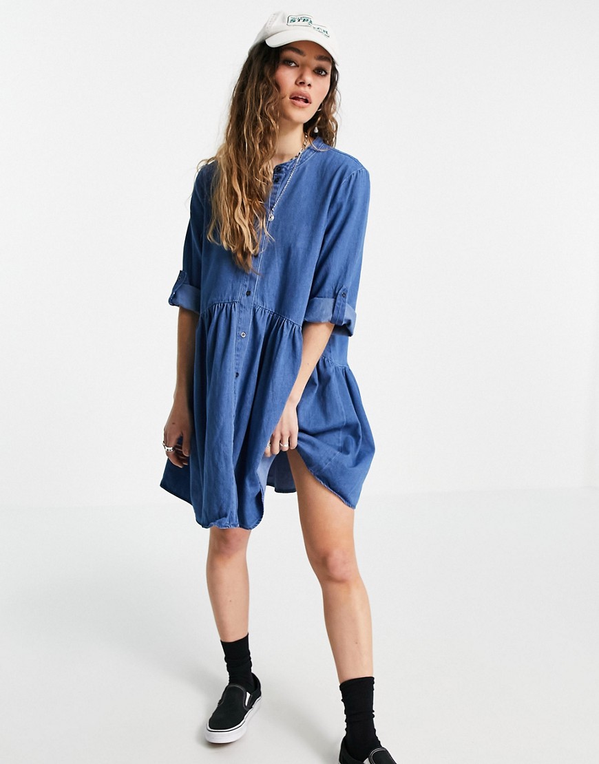 Only denim mini shirt dress with grandad collar in light blue wash-Blues