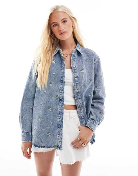 ONLY - Denim overhemd met bloemenborduursel in lichtblauw - view 1