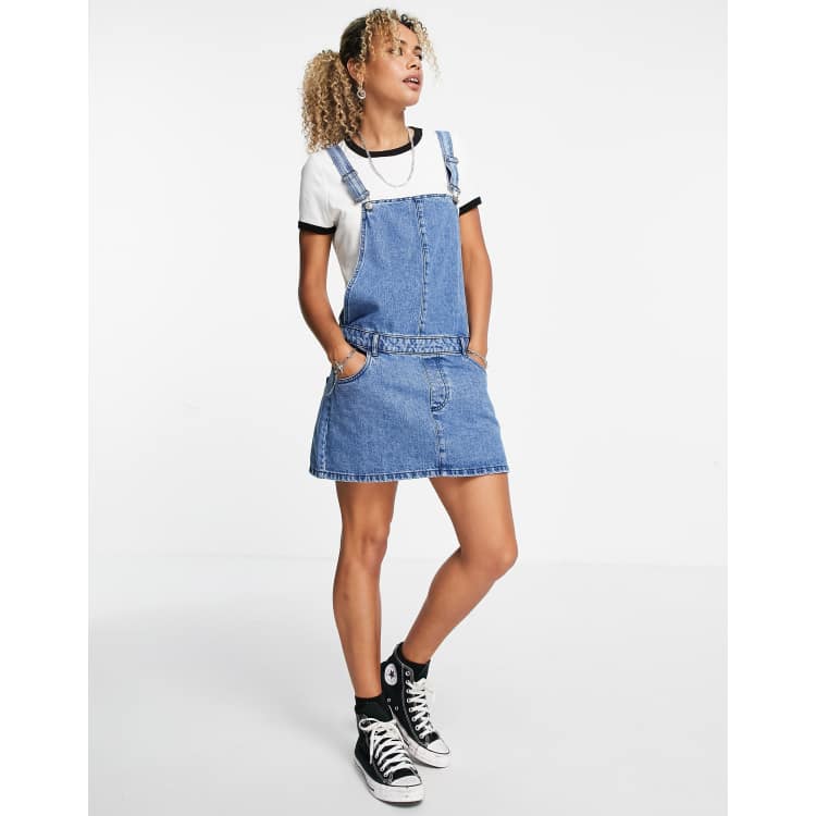 Only denim pinafore dress in washed blue