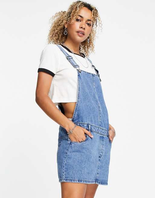 Only denim pinafore dress in washed blue