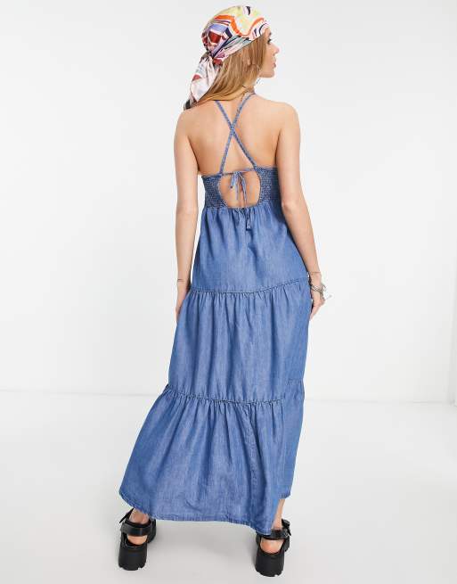 Only denim shirred high neck tiered maxi dress in blue | ASOS