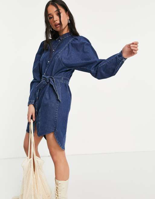 Only denim shirt dress with tie waist in blue acid wash | ASOS