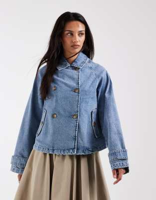Only Denim Short Trench Coat In Blue