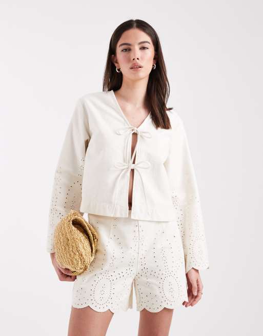 ONLY denim shorts with pointelle detail in ecru (part of a set), 3 of 5