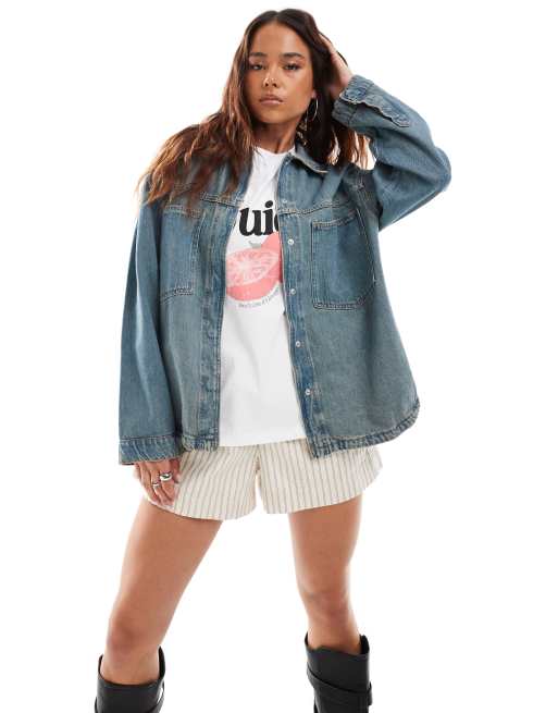 ONLY - Denim utility overhemd met roze tint in vintage wassing 