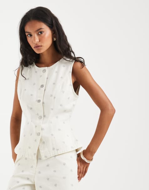 ONLY denim vest with flower print in white - part of a set - view 1