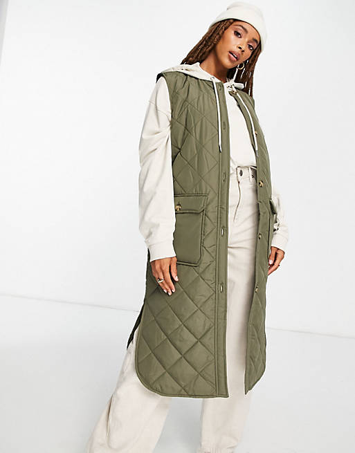 Only diamond quilted longline vest in khaki