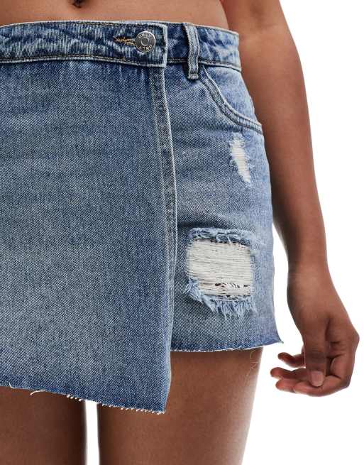 ONLY distressed denim skort in midwash blue | ASOS