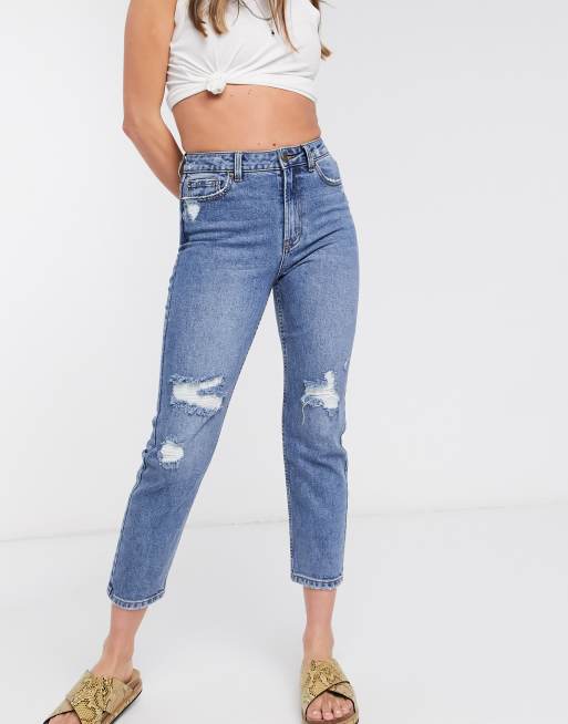 Only - Distressed mom jeans in middenblauw