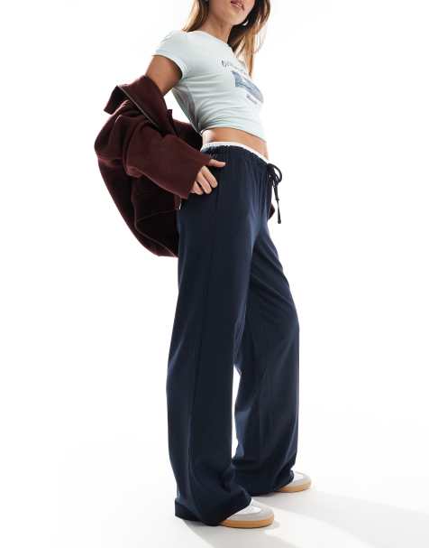 ONLY contrast waistband loose fit tailored trousers in navy pinstripe